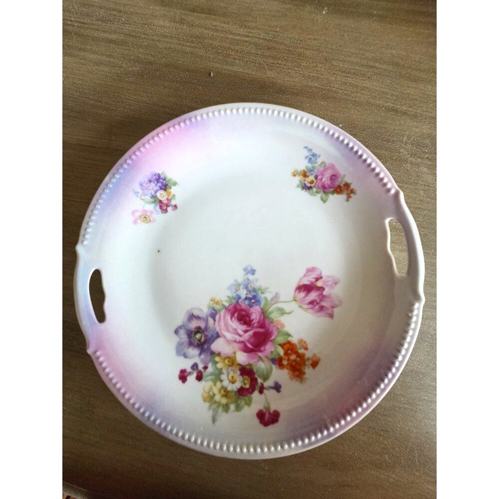 Antique Germany Porcelain handled plate with Flowers 9.25"